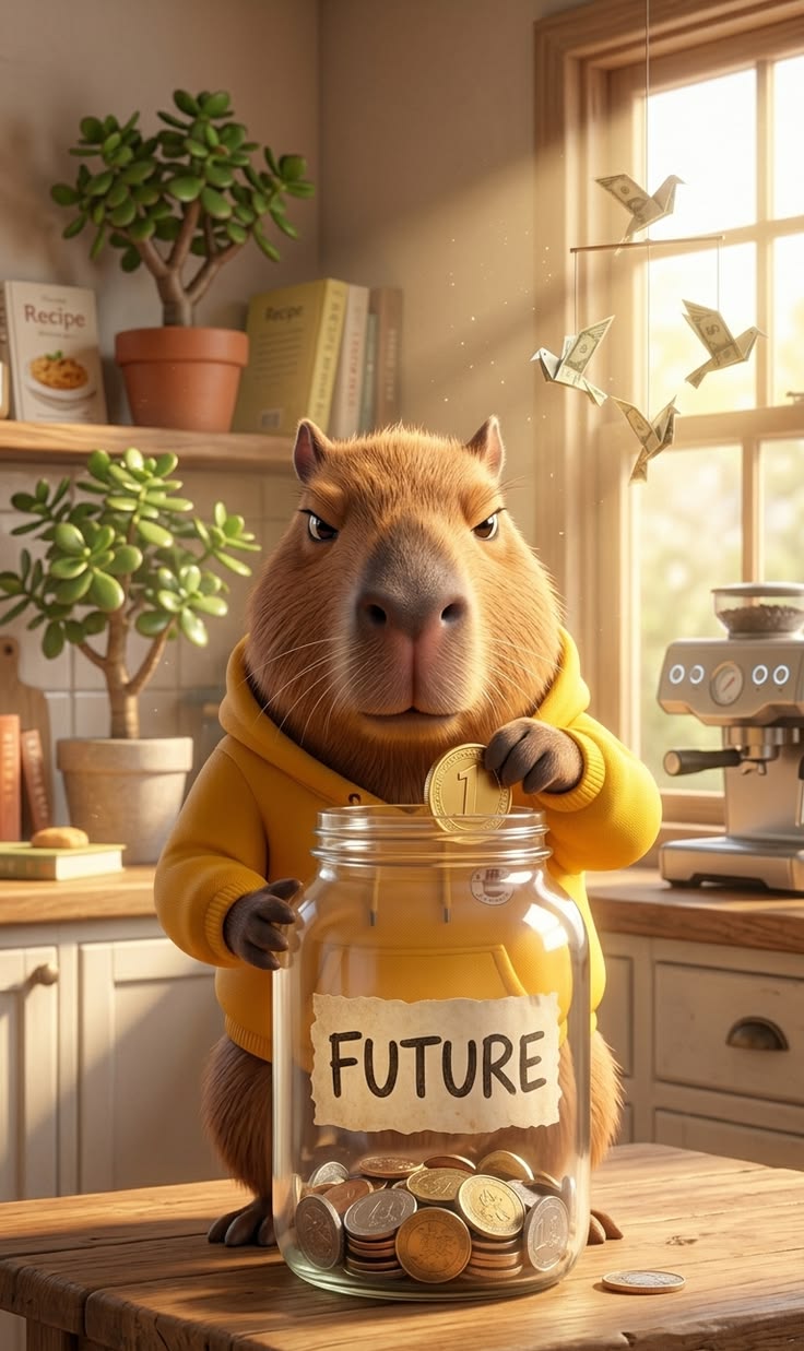 Orange Capy mascot — a capybara in a yellow hoodie saving coins for the future